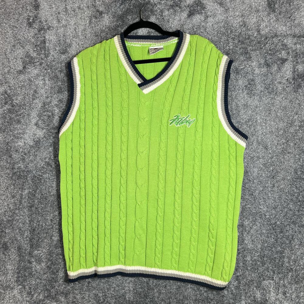 FUBU Sweater Vest Mens L Green Cable Knit V-Neck Embroidered Made iKorea